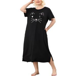 Women's Plus Size Nightgown Pajamas Pockets Cute Cat Sleepwear Black